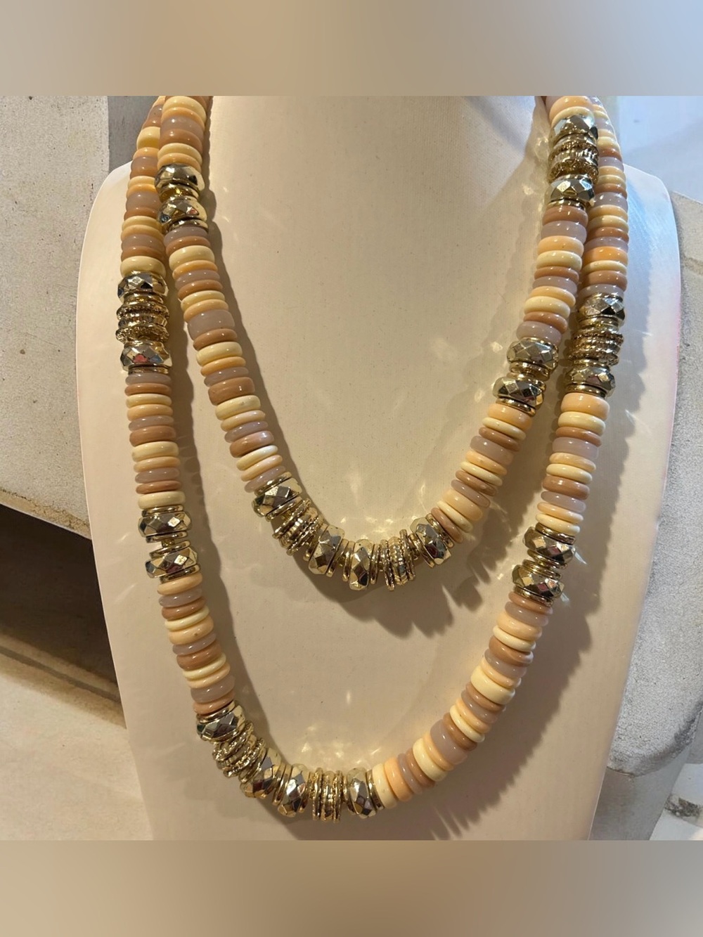 Beaded Layered Necklace in Cream and Gold